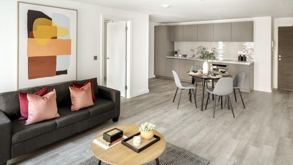 Apartments to Rent by JLL at Landrow Place, Birmingham, B3, living kitchen dining area