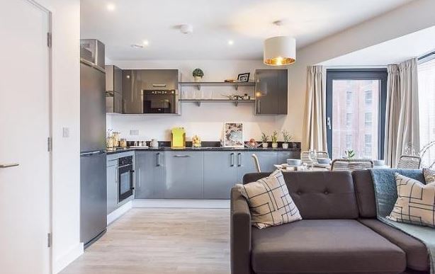 Apartments to Rent by Savills at The Cargo, Liverpool, L1, living kitchen area
